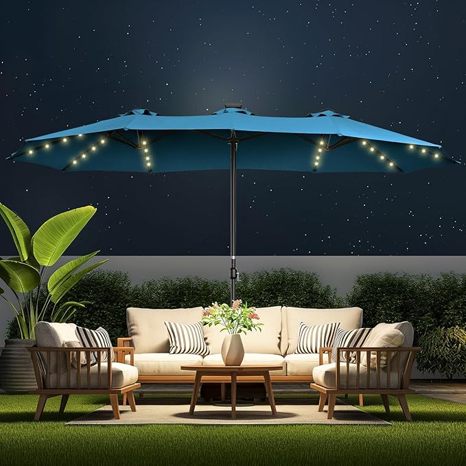 HOMSHADE Double Sided Patio Umbrellas - 15ft Solar Lights LED Lighted Outdoor Extra Large Market Table Umbrella with Base Included, Oversized Umbrella for Deck, Pool, Backyard