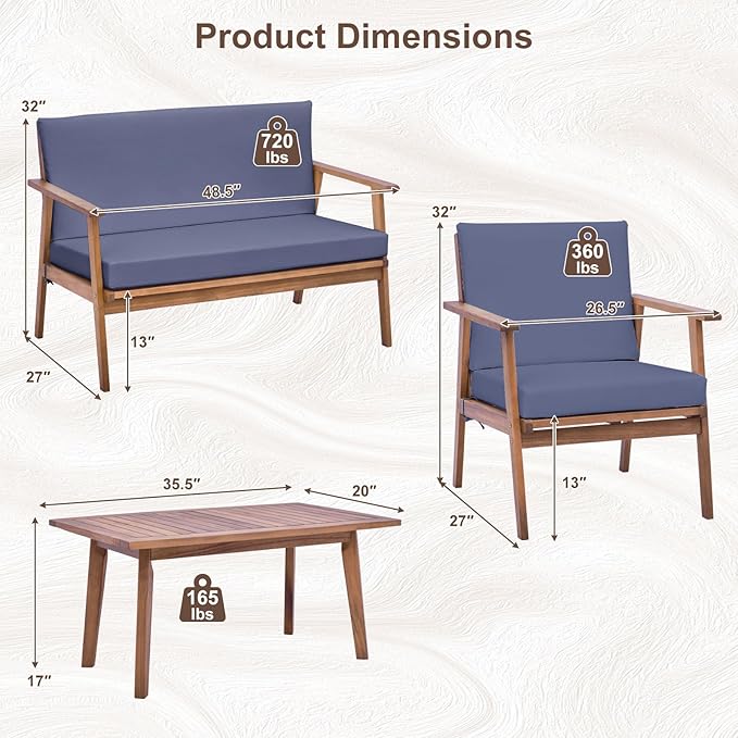 Tangkula 8 Piece Outdoor Conversation Set, Acacia Wood Sofa Set with Soft Seat & Back Cushions, Rectangle Coffee Table Patio Wood Furniture Set for Backyard, Poolside, Garden (2, Gray)