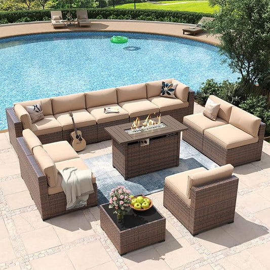 Aoxun 12 Piece Patio Furniture Set with 44” Fire Pit Table Wicker Rattan Outdoor Sectional Sofa Set with Coffee Table and Thickened Cushions, Beige