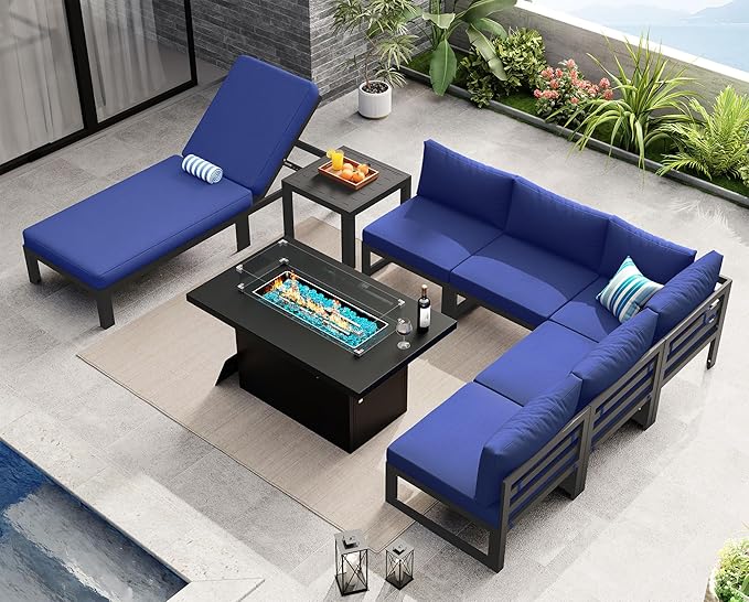 NICESOUL 8 Piece Large Modern Aluminum Patio Furniture Set, Fade Resistant Modular Outdoor Conversation Set with Lounge & Fire Pit Table, 500 lbs Durable Modular Sectional Sofa for Garden, Navy Blue