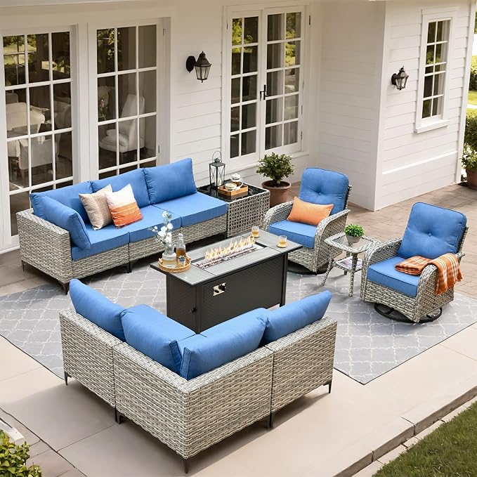 Outdoor Patio Furniture Sets,11 PCS Patio Conversation Set Outside Rattan Sectional Sofa with 54 in Fire Pit Table Wicker Rocking Chair Coffee Table Fit Backyard Porch Garden Poolside Balcony