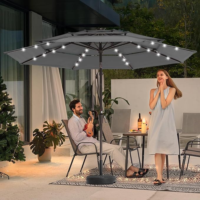 JEAREY 3 Tiers Patio Umbrella with Solar Lights 9ft Outdoor Market Table Umbrellas with Push Button Tilt for Outside Pool Garden, Gray