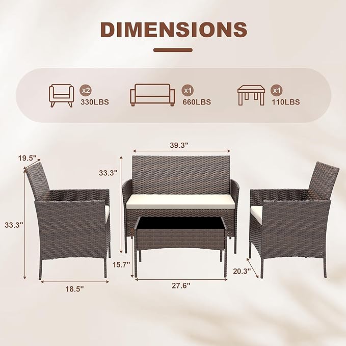 4-Piece Patio Furniture Set, Outdoor Wicker Conversation Set with Tempered Glass Coffee Table, Heavy Duty PE Rattan Sectional Sofa & Washable Cushions for Backyard, Deck, Poolside (Brown Rattan/Beige)