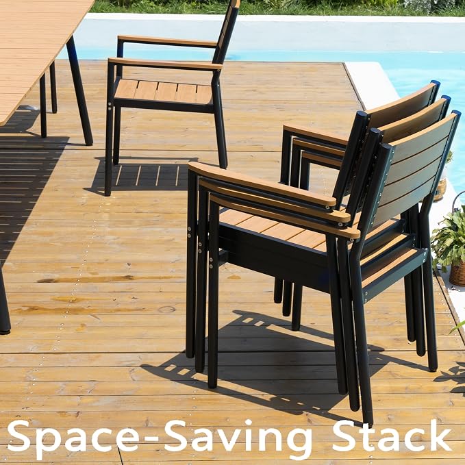 9-Piece Outdoor Dining Set for 8 Person with Teak Wood-Grain Top | Armrest Stackable Chairs with 19.4" Seat Depth, Aluminum Frame Dining Furniture with Umbrella Hole for Deck, Porch & Backyard