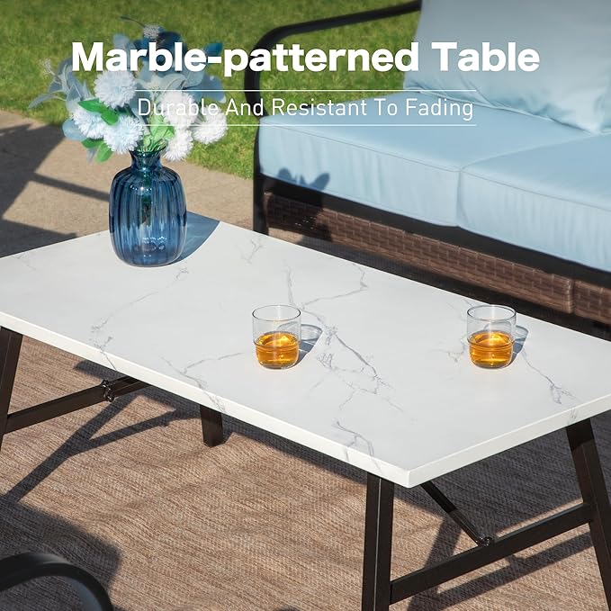 4 Piece Metal Outdoor Patio Furniture Sets, Patio Conversation Sets 1 Loveseat, 2 Rocking Sofa with 5.75" Extra Thick Cushion and Coffee Table, Balck Frame Backyard Furniture, Blue