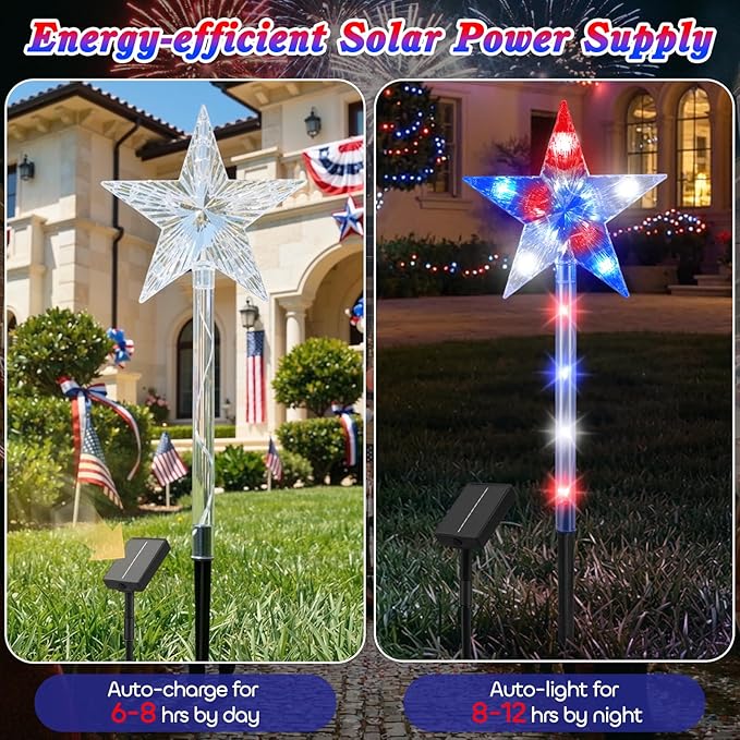 Lewondr 4th of July Decorations Outdoor, 6Pcs 8 Modes Solar Pathway Lights, Red White and Blue Star Solar Lights with 90 LEDs, Waterproof Fouth of July Decor for Yard Garden Independence Memorial Day