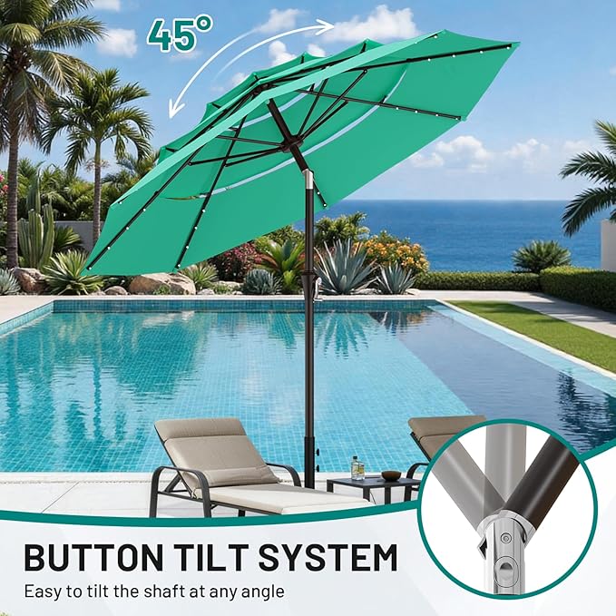 AreShark 9ft 3 Tiers Patio Umbrella with Solar Lights, Outdoor Umbrella w/ 32 LED Lights&8 Sturdy Ribs, Table Umbrella for Deck, Backyard, Pool (Turquoise)