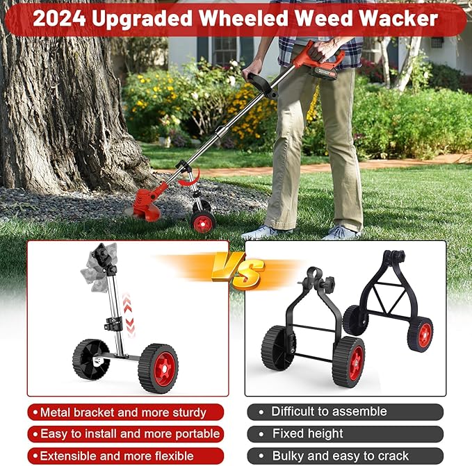 Electric Weed Wacker Cordless Weed Eater Battery Powered 21V, 4-in-1 Brush Cutter/String Trimmer/Grass Trimmer/Lawn Mower, 6 inch Edger Stringless Weed Trimmer with Wheel & Blade, 2 Battery(Red)