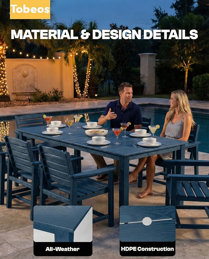 9-Piece Outdoor Dining Set with Aluminum Frame for 8,Navy Blue | HDPE material, 2" umbrella hole, patio table and chairs, ideal for yard, lawn, garden, balcony, deck, poolside