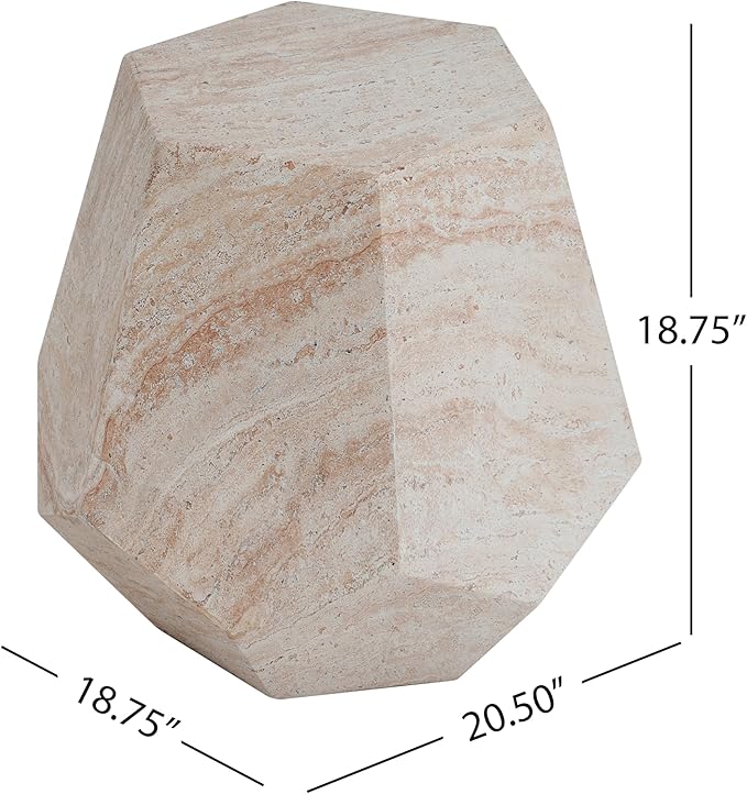 18.75" Outdoor Indoor Lightweight Concrete Side Table,Beige | Hexagonal Round Travertine Accent End Table