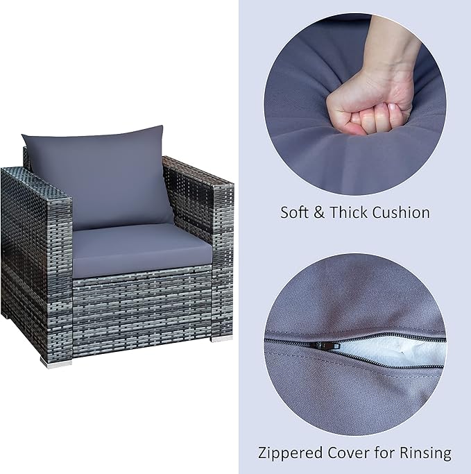 DORTALA 3 Pieces Patio Furniture Set, Outdoor Rattan Sofa Couch Set with Cushions, Tempered Glass Coffee Table, Wicker Patio Conversation Set for Lawn Backyard Poolside Balcony, Grey