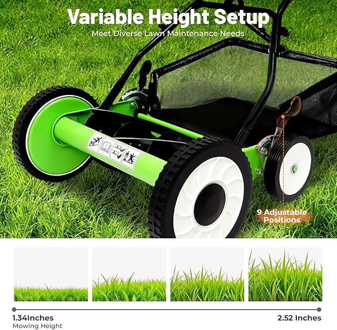 Lawn Mower, 5-Blade Walk Behind Reel Mower Cordless Manual Lawn Mower Hand Push Grass Cutter Machine with Grass Catcher, 16in Cutting Width, Adjustable Height for Garden Yard Park
