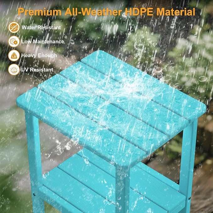 Outdoor Side Table, Small Square Patio Side Table with Adjustable Feet, All-Weather HDPE Adirondack End Tables for Porch Deck Balcony Pool, 2-Tier Storage, Easy Maintenance, Aruba Blue