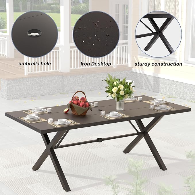 9 PCS Outdoor Patio Dining Set,Patio Table and Chairs Metal Outdoor Patio Furniture Set with Umbrella Hole,Dining Table Set with 8 Chairs for Deck,Backyard and Garden,Brown