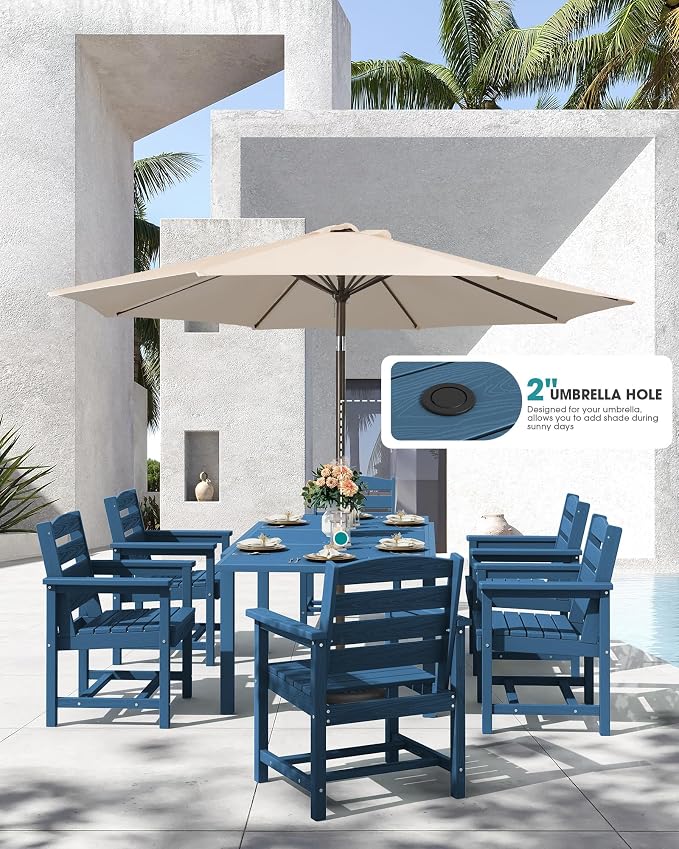 SERWALL 60" - 83" Expandable Outdoor Dining Table and 6 HDPE Chairs, Blue | Outdoor Dining Set for 6, All Weather Aluminum and HDPE Outdoor Furniture Set, Extendable Patio Dining Table