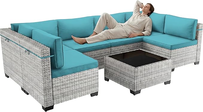 7-Piece Patio Furniture Set, Outdoor Sectional with Thick Cushions, Modular Patio Sofa, Dual-Strand Wicker Rattan, Rust-Resistant Frame, Backyard Furniture for Garden, Deck, Blue