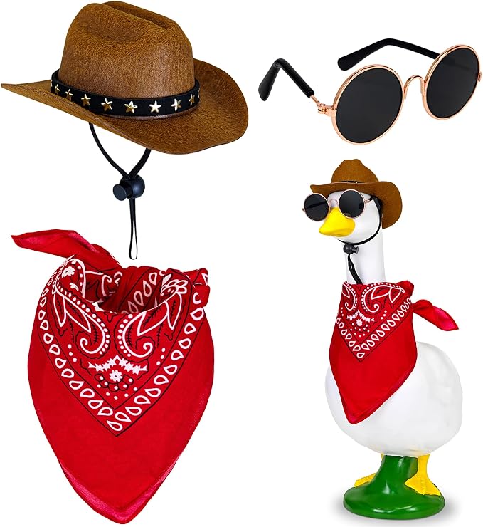 Western Cowboy Porch Goose Outfits, Funny Porch Geese Outfits Goose Costume Clothes for 17''/23" Lawn Cement Plastic Geese Outdoor Statue with Cowboy Hat Bandana for Garden Yard Decoration