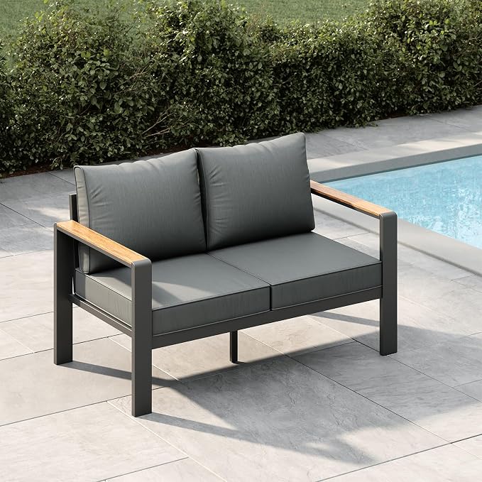 Garvee Outdoor Aluminum Loveseat Patio Sofa, All-Weather Outdoor Couch with Cushions Modern Outdoor 2 Seats Sofa for Porch, Garden, Balcony, Deck, Backyard, Dark Grey