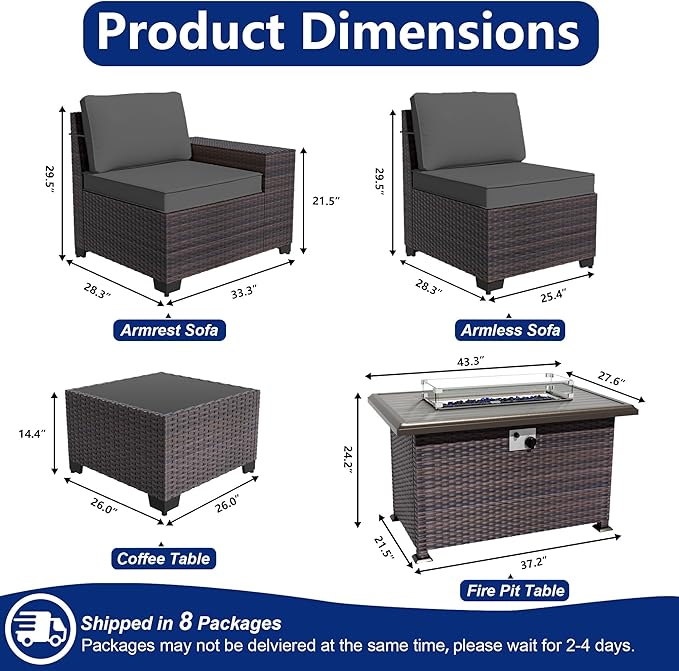 Outdoor Patio Furniture Set with Fire Pit Table, 13 Pieces Outdoor Furniture Set Patio Sectional Set w/43in Propane Fire Pit, PE Wicker Rattan Patio Conversation Sets - Black.