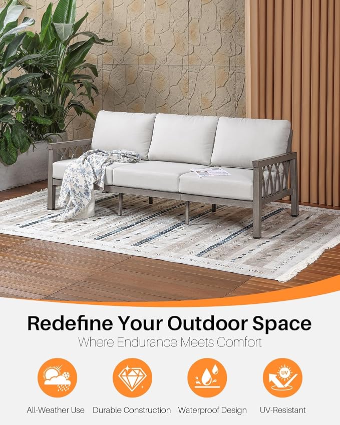 Outdoor Aluminum 3-Seat Sofa, Patio Couch with 5.9'' Thick Cushions, Weather-Resistant Outdoor Club Sofa Couch, Modern 3 Seats Outside Sofas Furniture for Garden, Porch, Balcony, Limed Oak