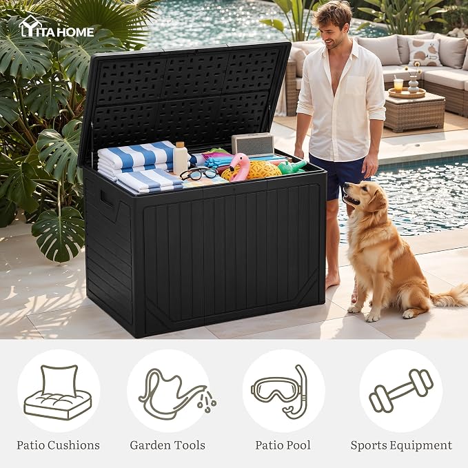 YITAHOME XXL 230 Gallon Extra Large Outdoor Deck Box, Lockable Resin Double-Wall Storage Box and Waterproof Patio Furniture Bin for Garden Tools & Pool Accessories, Black
