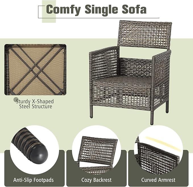 Tangkula 3 Piece Patio Conversation Set, Outdoor Rattan Chair Set W/ 2-Tier Coffee Table, Acacia Wood Tabletop, Cozy Seat & Back Cushions, Wicker Sofa Set for Backyard Poolside Front Porch (Off White)