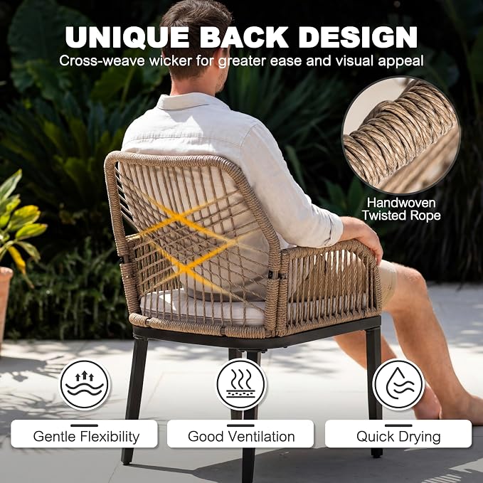 NUU GARDEN 7-Piece Patio Table and Chairs with Cushions, Outdoor Dining Set for 6, Rectangular Metal Table and Rattan Chairs with Umbrella Hole for Lawn Garden Backyard Deck, Brown