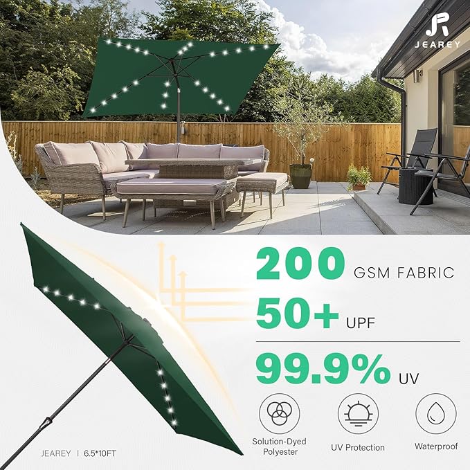 JEAREY 6.5x10 ft Rectangular LED Lighted Patio Umbrellas Outdoor Solar Table Market Umbrella w/Push Button Tilt/Crank, 6 Sturdy Ribs, UV Protection Waterproof Sunproof(Dark Green)