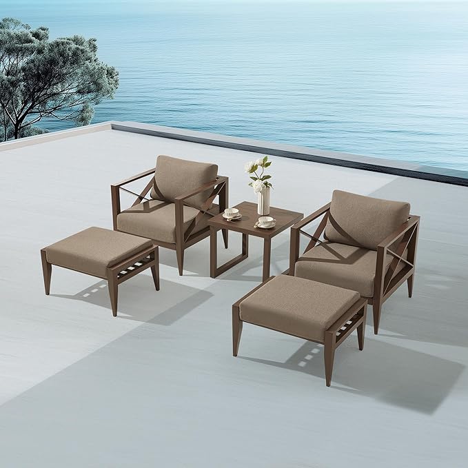MBY 2-Seat Aluminum Patio Furniture Set with Ottomans & Coffee Table, Oversized Outdoor Conversation Set, Weather-Resistant for Backyard, Deck, Balcony – Brown