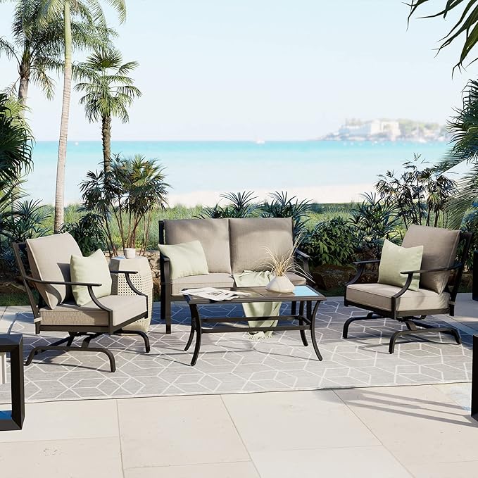 Grand patio Outdoor 4-Piece Patio Furniture Set Conversation Set with Olefin Cushions 2 Rocking Motion Chairs 1 Fixed Loveseat Glass Coffee Table, Dark Gray