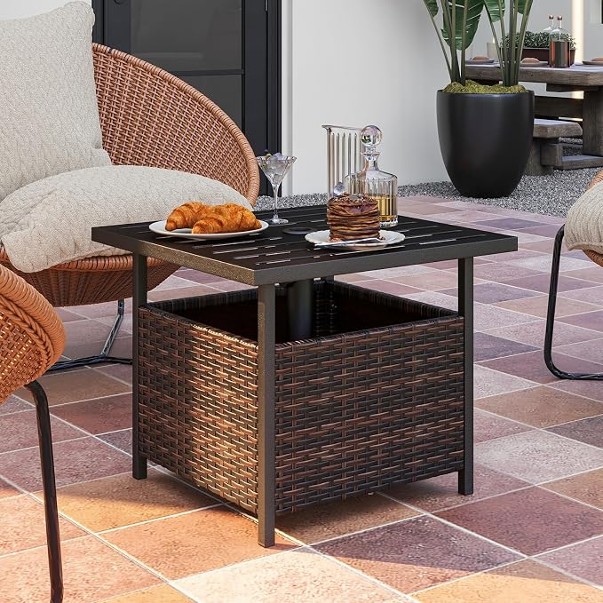 HAPPYGRILL Wicker Patio Umbrella Table with 1.57” Umbrella Hole, Outdoor Rattan Side Table with Heavy Duty Metal Frame, 22” Square PE Rattan End Table for Deck Backyard Poolside (Mix Brown)