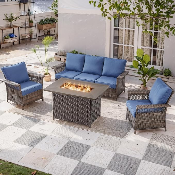 Patio Furniture Set with Fire Pit Table, 4PCS Conversation Set Brown Resin Wicker Chair and Sofa with 41in Rectangular Firepit Table PE Rattan Furniture Set