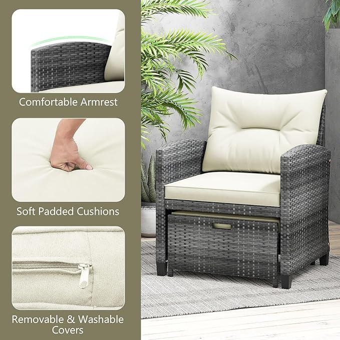 ORALNER 5 Pieces Patio Furniture Set with Ottoman, Wicker Conversation Set w/Cushions, Glass Coffee Table, Outdoor Lounger Rattan Chairs Bistro Set for Porch Balcony Garden Deck Poolside (White)