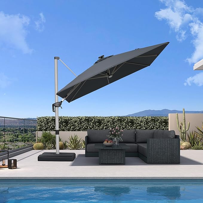 PURPLE LEAF Patio Umbrella with base 9 Feet Outdoor Square Cantilever Umbrella Solar Powered LED with 360-degree Rotation for Garden Deck Pool Patio, Grey