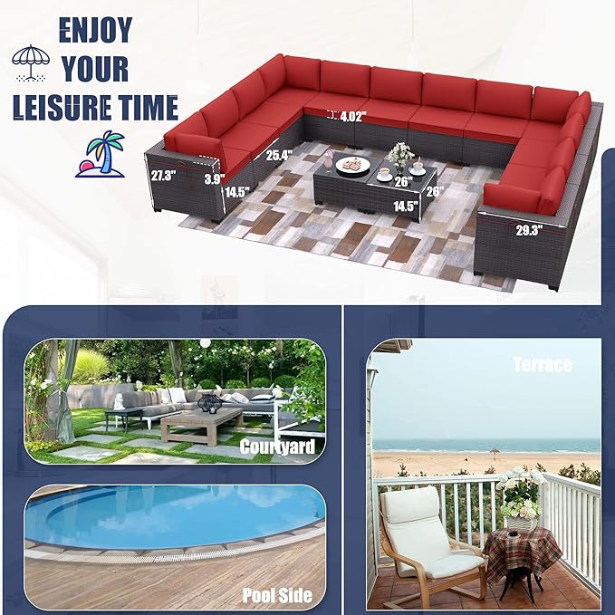 Patio Furniture Set 14-Piece Outdoor Furniture for Backyard Wicker Sectional Sofa Set, PE Rattan Patio Conversation Set 12 Seat with 4 Inch Thickened Cushions and Glass Coffee Tables, Red