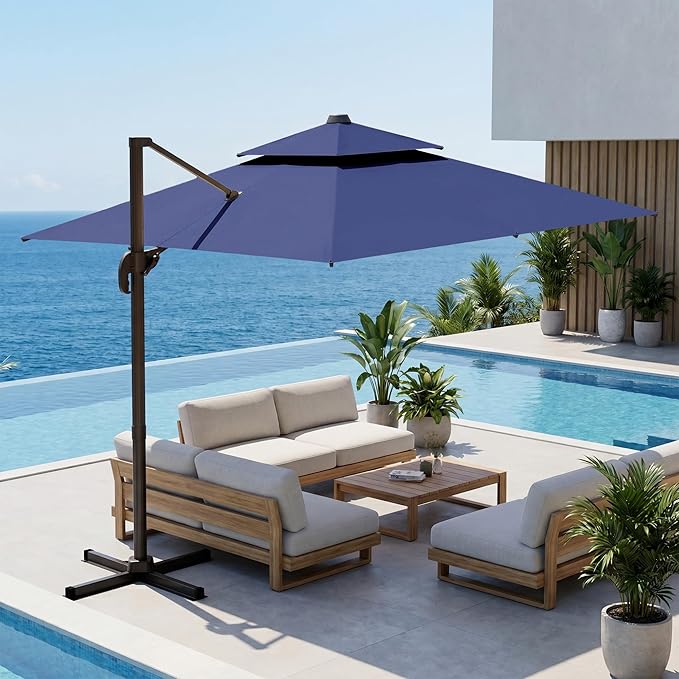 10x10 FT Patio Cantilever Umbrella (Base Not Included) (Base Not Included), Rectangular Heavy Duty Offset Umbrella for 6-8 People, 360°Rotation & Mult Tilt, Double Top Design, for Pool Garden Deck (Navy)