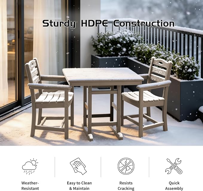 3 Piece Outdoor Patio Dining Set, HDPE 37.8" Square Dining Table & 2 Comfortable Armchairs, 1.77" Umbrella Hole, Heavy Duty Poly Bistro Furniture for Balcony, Porch, Garden, Poolside, Weathered Wood