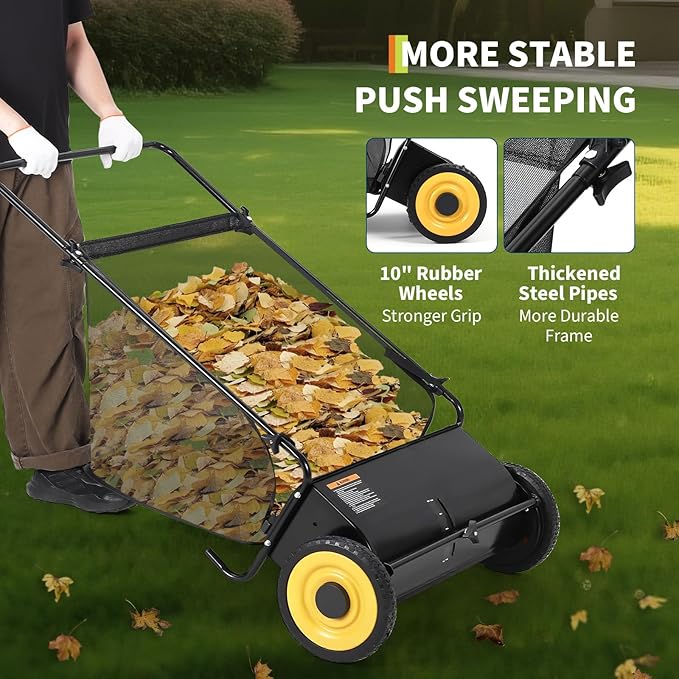 Takywep 26-Inch Push Lawn Sweeper, Anti-Rust Steel Frame, 4 High-Density Brushes, Adjustable Height, 7 Cu.Ft Collection Bag, Black with Wheel Covers & Yellow Crossbar for Yard Debris