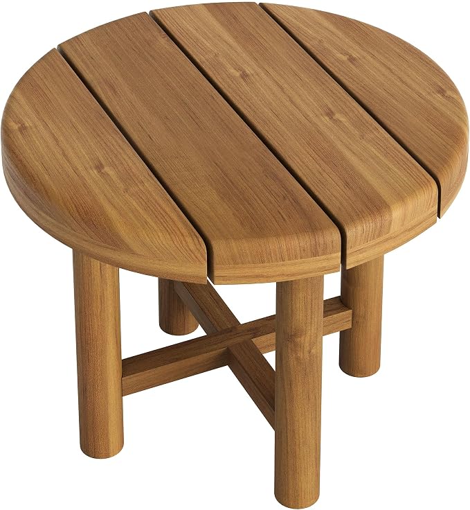 Modway Eleni 20-Inch Outdoor Teak Wood Side Table in Natural – Round Patio End Table with Slatted Top for Patios, Decks, Or Gardens