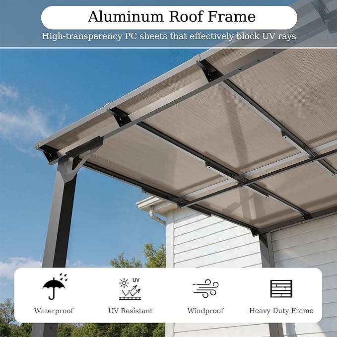 ALAULM 10'x 14' Outdoor Hardtop Pergola,Wall Mounted Lean to Gazebo with Sloped Sun Panel Roof,Galvanized Metal Frame,Sunshade for Patio, Backyard, Deck and Poolside