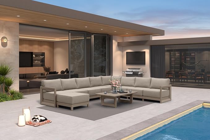 PURPLE LEAF Patio Furniture Set U-Shaped Outdoor Couch with 9.6" Thick Cushion and Soft Pillows 10 Piece Outdoor Sectional Sofas Modern Outdoor Conversation Sets for Yard Porch Deck Pool, Khaki