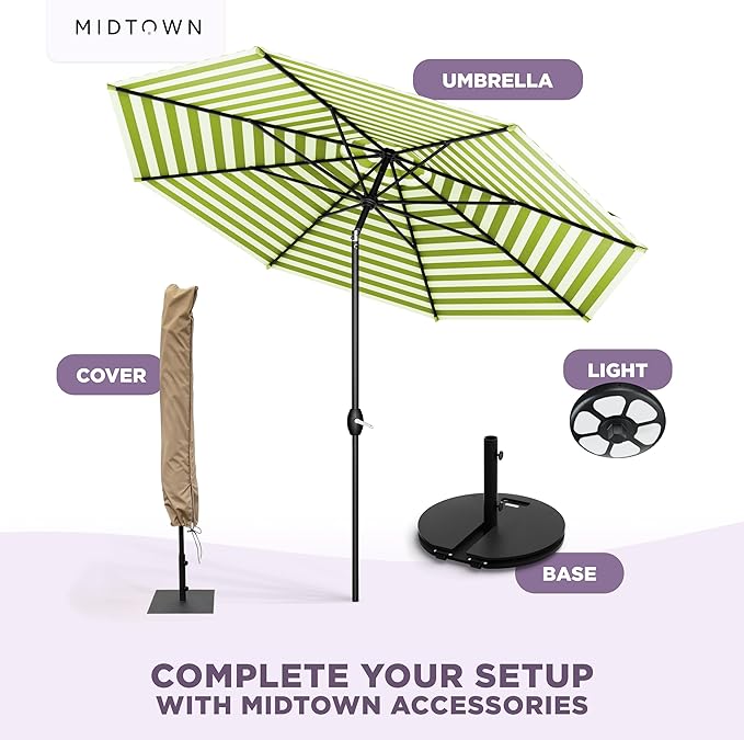Midtown Umbrellas - 10-Year-No-Fade 10 Ft Patio Umbrella with Terylast Fabric, Auto-Tilt Aluminum Frame and 8 Reinforced Ribs for Deck, Pool, Garden & Beach - Green/White Stripes Canopy, Black Pole