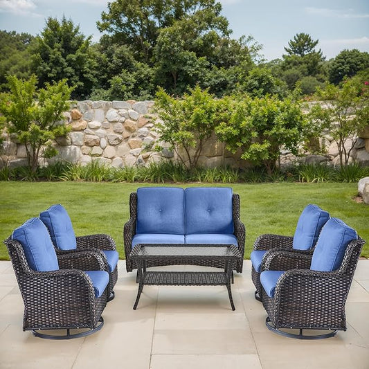 Patio Loveseat Glider Set, Resin Wicker Loveseat Glider with 4 Swivel Patio Chiars Coffee Table, 6 Piece Patio Conversation Set PE Rattan Loveseat Set, Brown Wicker|Blue Cushions