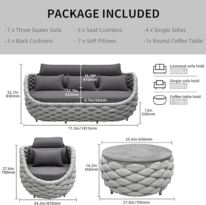 TWT 6-Piece Aluminum Patio Furniture Set, Modern Outdoor Conversation Set Sectional Sofa with Water Repellent Thick Cushions and Coffee Table for Balcony, Garden
