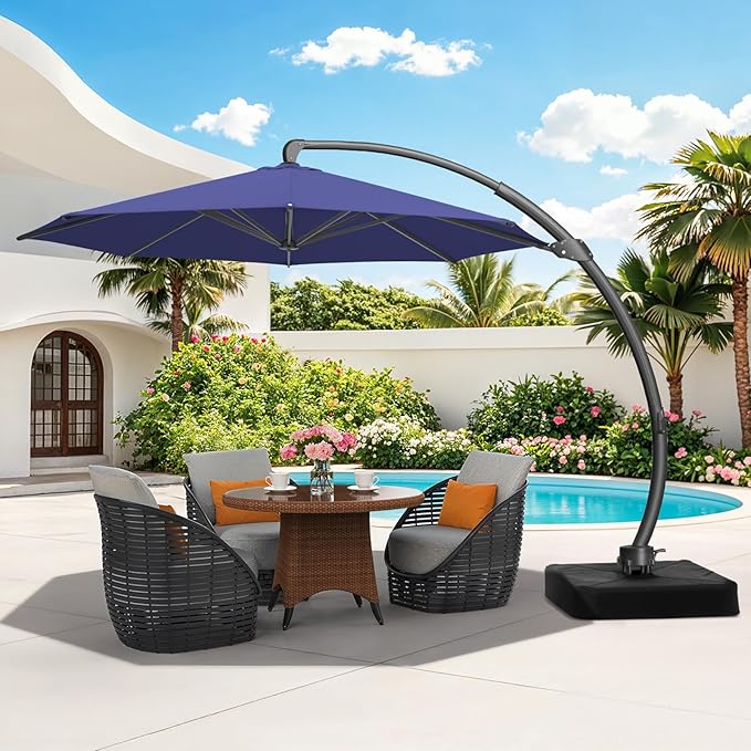 11 FT Outdoor Patio Umbrella with Base, Aluminium Curved Cantilever Umbrella, Large Round Hanging Offset Umbrella with Unlimited Position Adjustment and 360°Rotation for Market Garden Pool, Blue