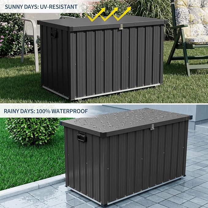 Metal Deck Box Outdoor Patio Storage Container with Wheels, 120 Gallon Heavy-Duty Steel Storage Chest Built with Galvanized Frame & Coated Panels, Large Weather-Resistant Bin for Deck, Porch, Pools