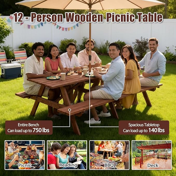 Outdoor Wooden Picnic Tables 10-12 Person with Benches for Patio Garden Backyard Large Outside Dining Table Set with Umbrella Hole