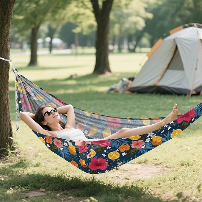 Camping Hammock Outdoor Hammocks for Outside Hibiscus Flower Lemon Beach Trees Portable Lightweight with Pockets Tree Straps Indoor