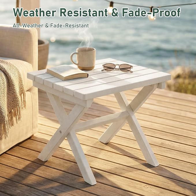 Furnimart 18" Square Foldable Side Table for Outdoor & Camping, Extra-Thick HDPE Weather-Resistant Small Coffee Table, Portable White Outdoor End Table for Balcony Poolside Space Saving(White)