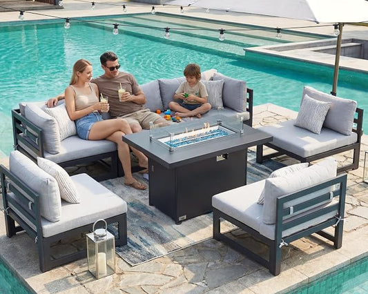 NICESOUL Powder Coated Aluminum Patio Furniture Set with Fire Pit Table, 7 Piece Deep Seat Extra Wide Outdoor Sectional Sofa for 6, L Shaped Luxury Large Conversation Set for Poolside, Light Gray